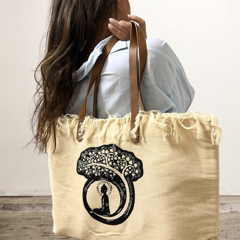 Leather Tote Bag - Natural Material, Buddha Design