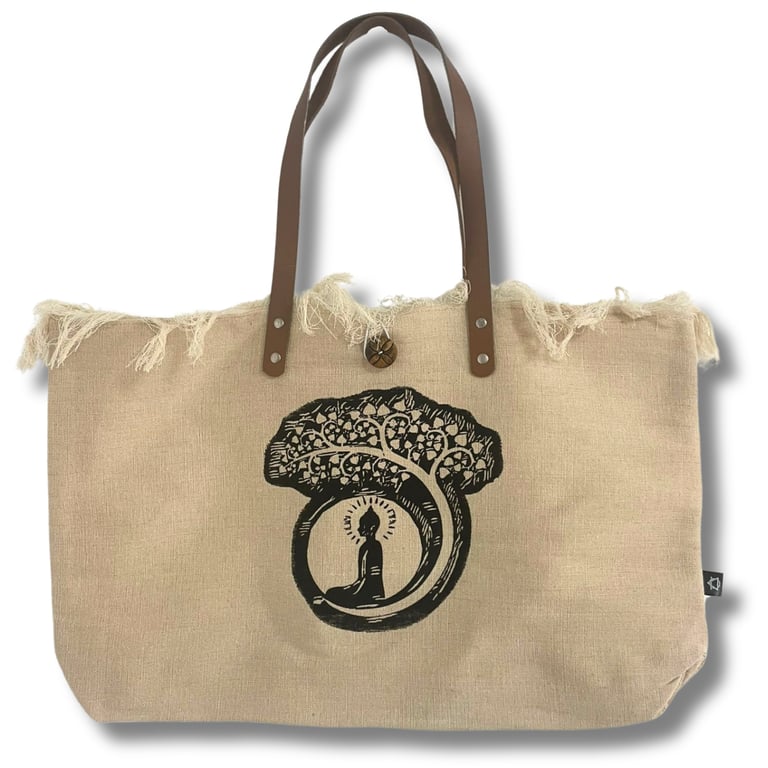 Leather Tote Bag - Natural Material, Buddha Design