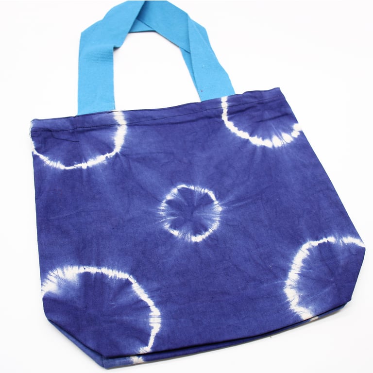 Natural Tye-Dye Cotton Bag 8oz - Blue Rings & Handle