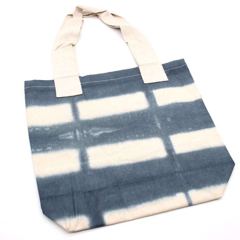 Natural Tye-Dye Cotton Bag - Grey Blocks Design, 8oz Capacity, Natural Handle
