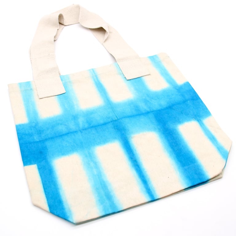 Natural Tye-Dye Cotton Bag - Hand Dyed 8oz Cotton Tote with Natural Handle and Unique Sky Blue Blocks Design