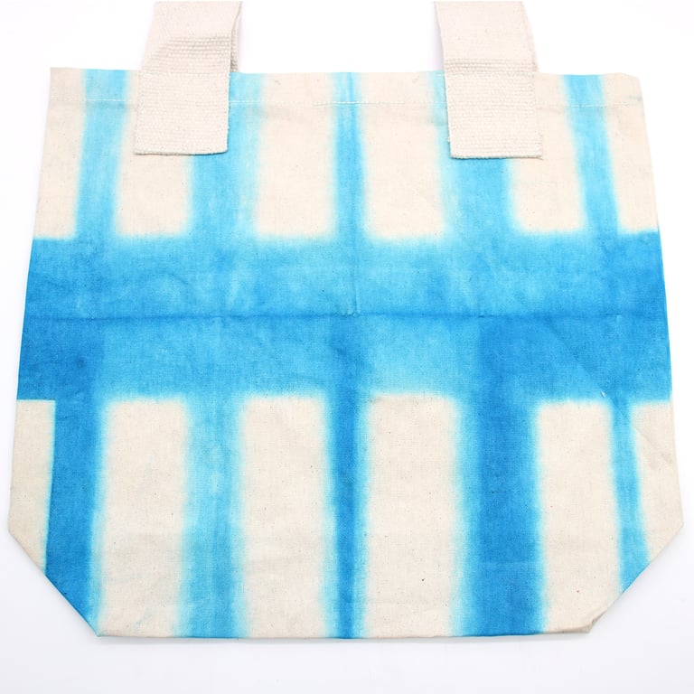 Natural Tye-Dye Cotton Bag - Hand Dyed 8oz Cotton Tote with Natural Handle and Unique Sky Blue Blocks Design