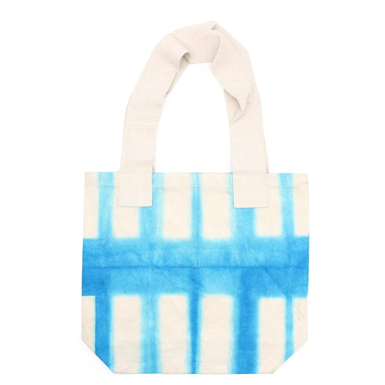 Natural Tye-Dye Cotton Bag - Hand Dyed 8oz Cotton Tote with Natural Handle and Unique Sky Blue Blocks Design