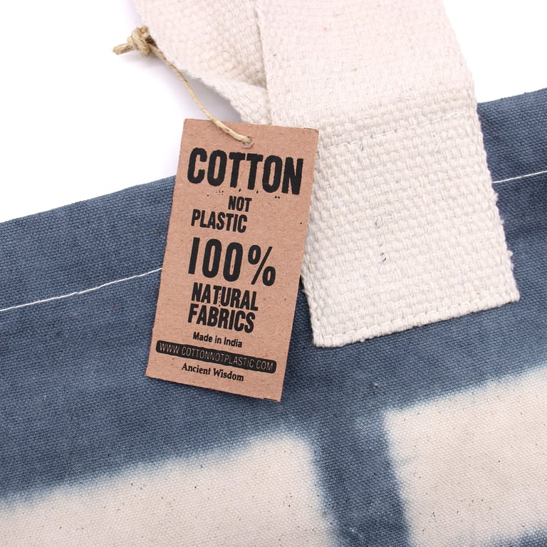 Natural Tye-Dye Cotton Bag - Hand Dyed 8oz Cotton Tote with Natural Handle and Unique Sky Blue Blocks Design