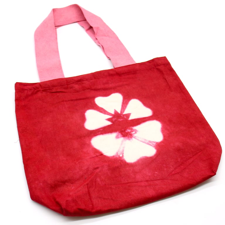 Natural Tye-Dye Cotton Bag - 8oz, Maroon Flower Print, Pink Handle, Sustainable and Unique Tote