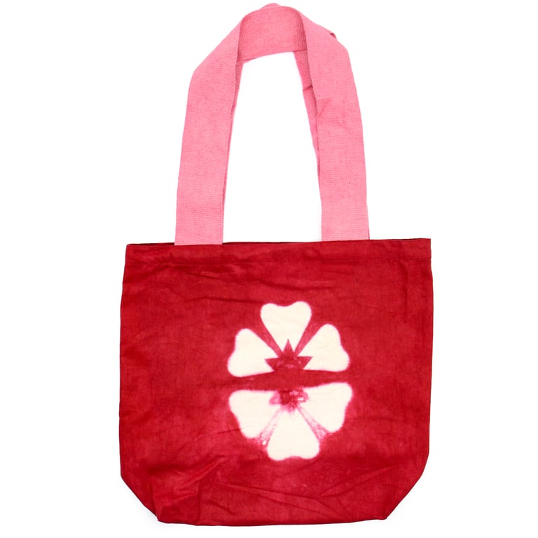 Natural Tye-Dye Cotton Bag - 8oz, Maroon Flower Print, Pink Handle, Sustainable and Unique Tote