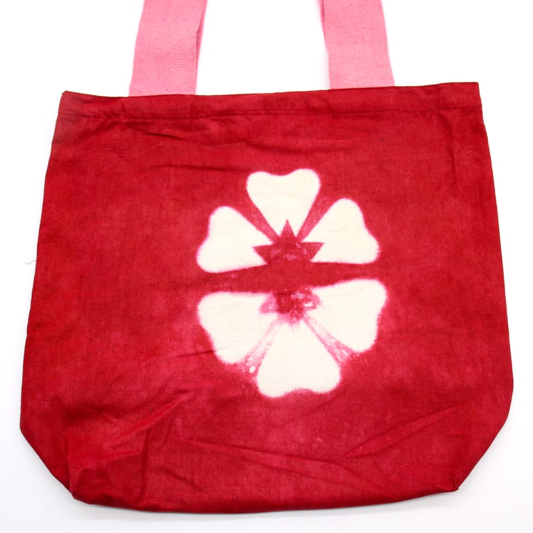 Natural Tye-Dye Cotton Bag - 8oz, Maroon Flower Print, Pink Handle, Sustainable and Unique Tote