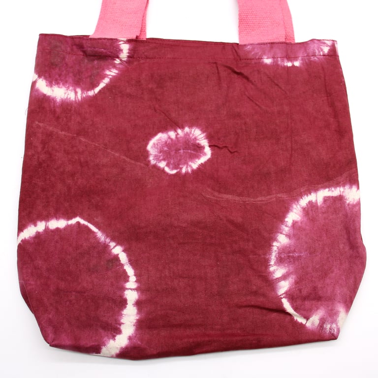 Natural Tye-Dye Cotton Bag - 8oz Canvas with Maroon Rings and Pink Handle