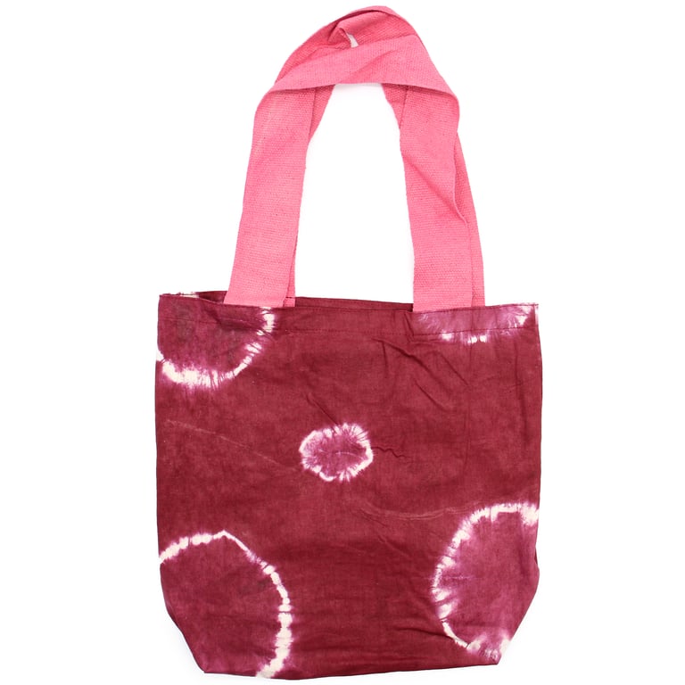 Natural Tye-Dye Cotton Bag - 8oz Canvas with Maroon Rings and Pink Handle