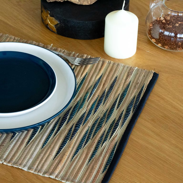 Water Hyacinth Natural Placemat - Blue Waves Kitchen Mat with Wave Design and Eco-Friendly Water Plant Material