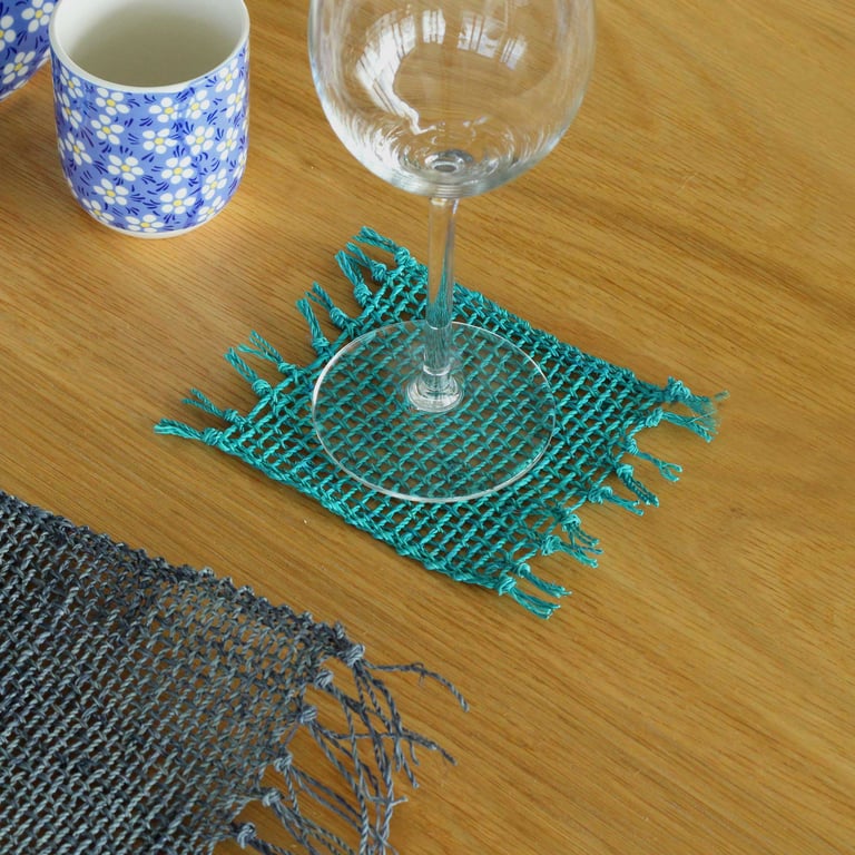 Seagrass Fringe Natural Coasters Set of 4 - Turquoise
