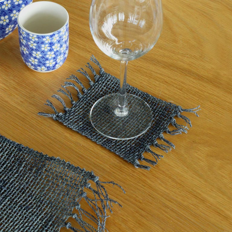 Set of 4 Seagrass Fringe Natural Coasters - Charcoal Color Home Decor