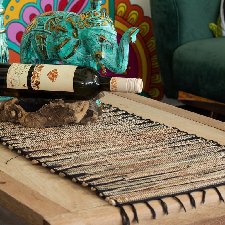 Water Hyacinth Natural Table Runner - Black Tiger Pattern with Fringe Trim, 150cm Length