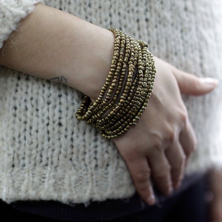 Multi-Bead Bangle Wooden Clasp - Gold and Bronze Assorted Beaded Wristwear