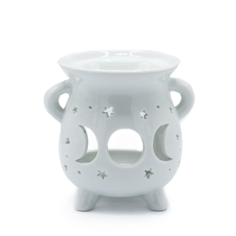Moon Phase White Cauldron Oil Burner for Home Fragrance and Ambient Lighting
