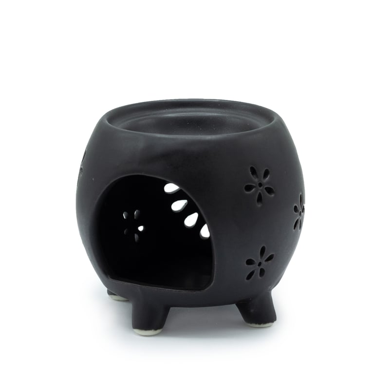 Squat Pot Oil Burner - Flower Burst Design, Matt Black Home Decor & Indoor Lighting Solution