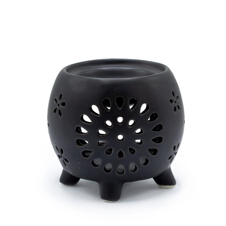 Squat Pot Oil Burner - Flower Burst Design, Matt Black Home Decor & Indoor Lighting Solution