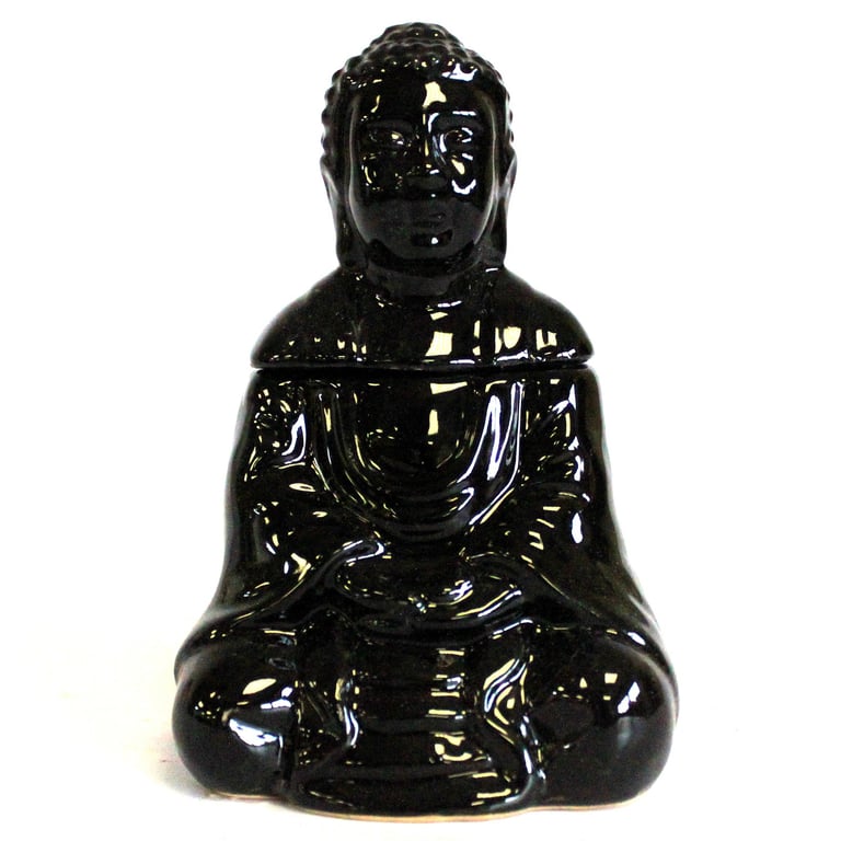 Sitting Buddha Oil Burner - Black Incense Holder with Meditation Lamp Design