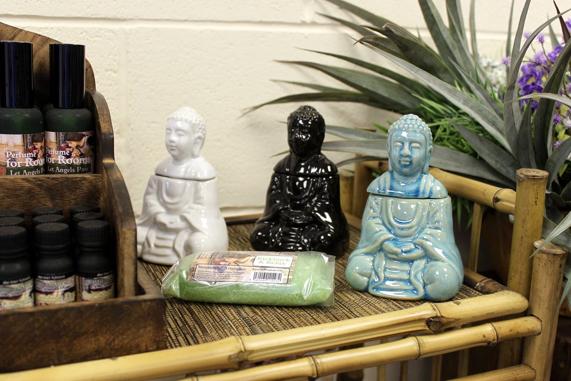 Sitting Buddha Oil Burner - Black Incense Holder with Meditation Lamp Design