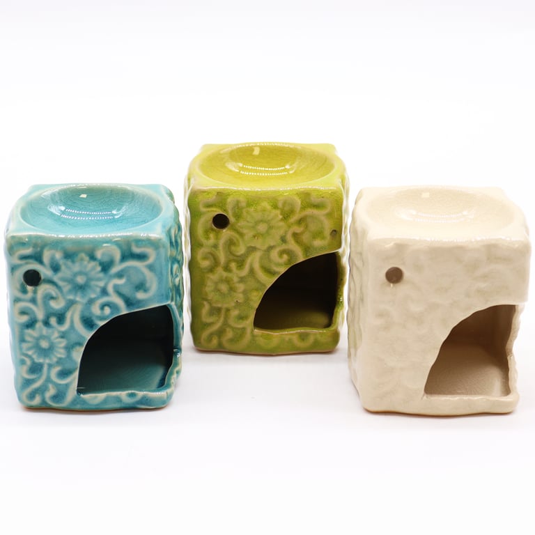 Small Square Floral Oil Burners - Decorative Home Fragrance Scent Diffuser