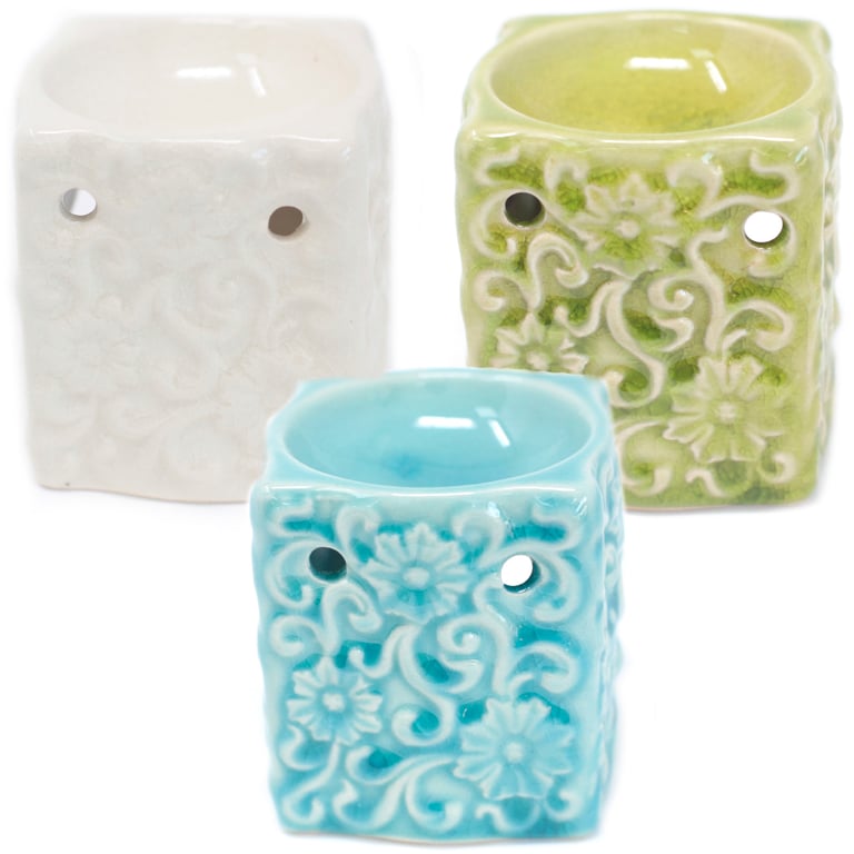 Small Square Floral Oil Burners - Decorative Home Fragrance Scent Diffuser