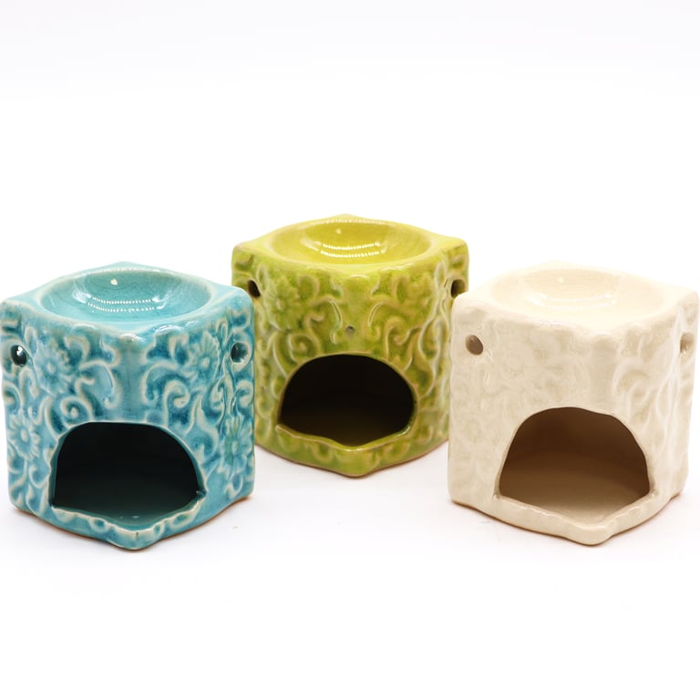 Small Square Floral Oil Burners - Decorative Home Fragrance Scent Diffuser