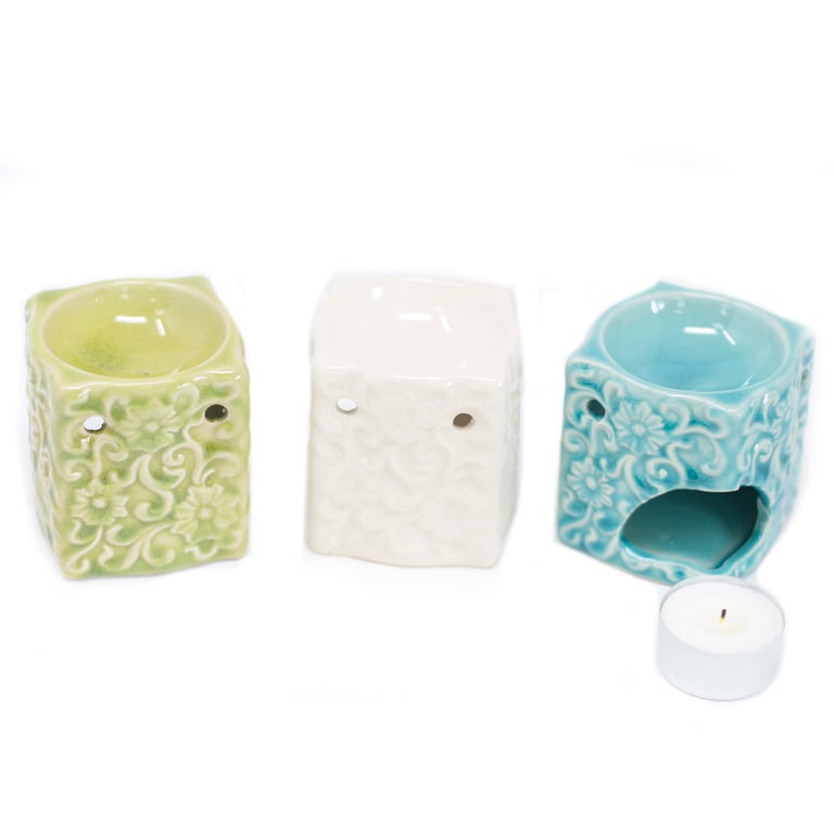 Small Square Floral Oil Burners - Decorative Home Fragrance Scent Diffuser