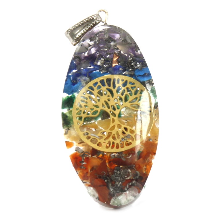Orgonite Power Pendant - 7 Chakra Stones & Tree of Life Design Oval Shape