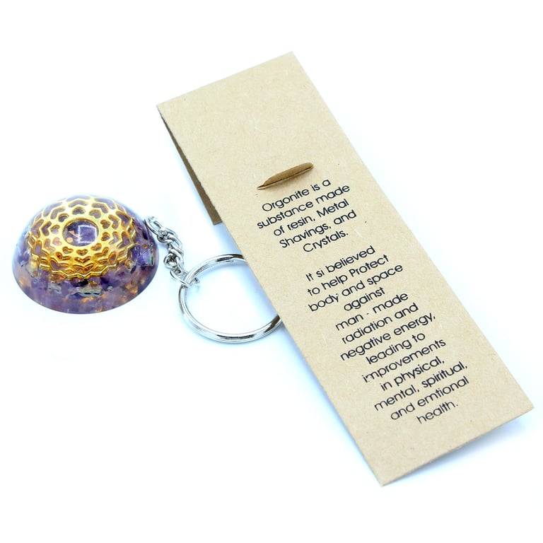 Orgonite Amethyst Mandala Heart Keyring - Crystal Healing Energy Protection Keychain