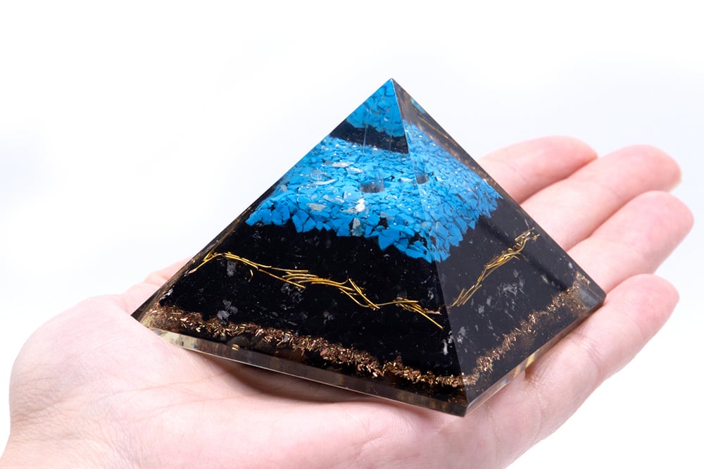 70mm Turquoise Orgonite Pyramid (Black Tourmaline) - Healing Energy Booster