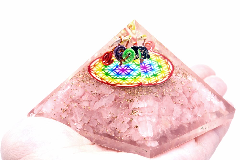 70mm Rose Quartz Orgonite Pyramid (Flower of Life)