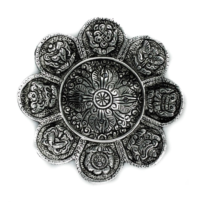 Polished Aluminium Tibetan Symbols Incense Holder, 12cm Meditation Stand