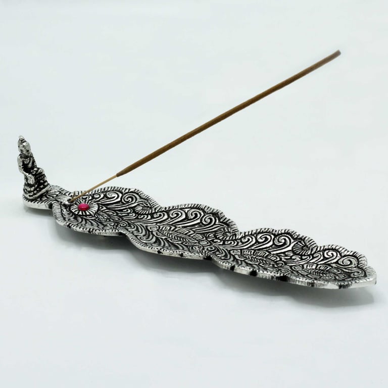 Polished Aluminium Buddha Long Incense Holder 20cm - Elegant Stand for Sticks and Cones