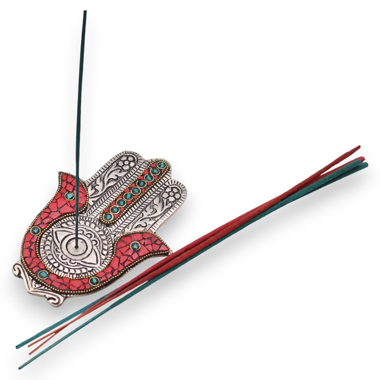 Small Red & Green Hamsa Incense Holder - Protective Symbolic Charm Holder
