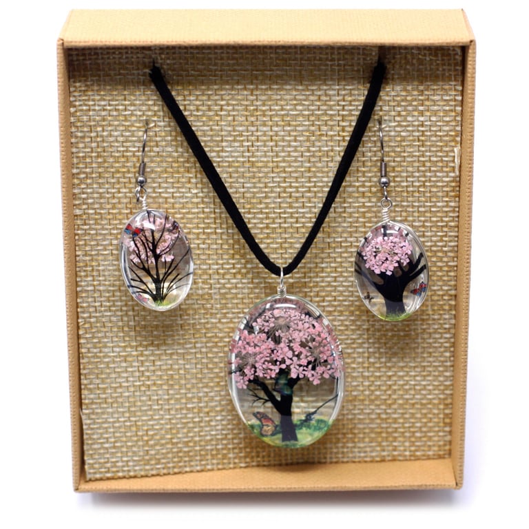 Pressed Flowers - Tree of Life Set, Pink Floral Wall Art for Home Decor