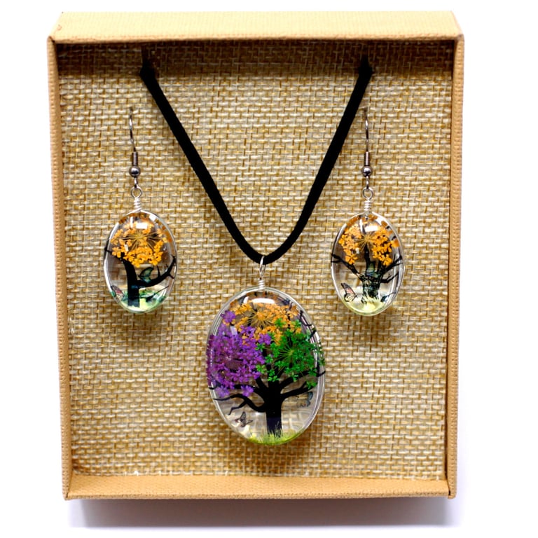 Pressed Flowers Tree of Life Set - Mixed Colours Home Decor Floral Wall Art