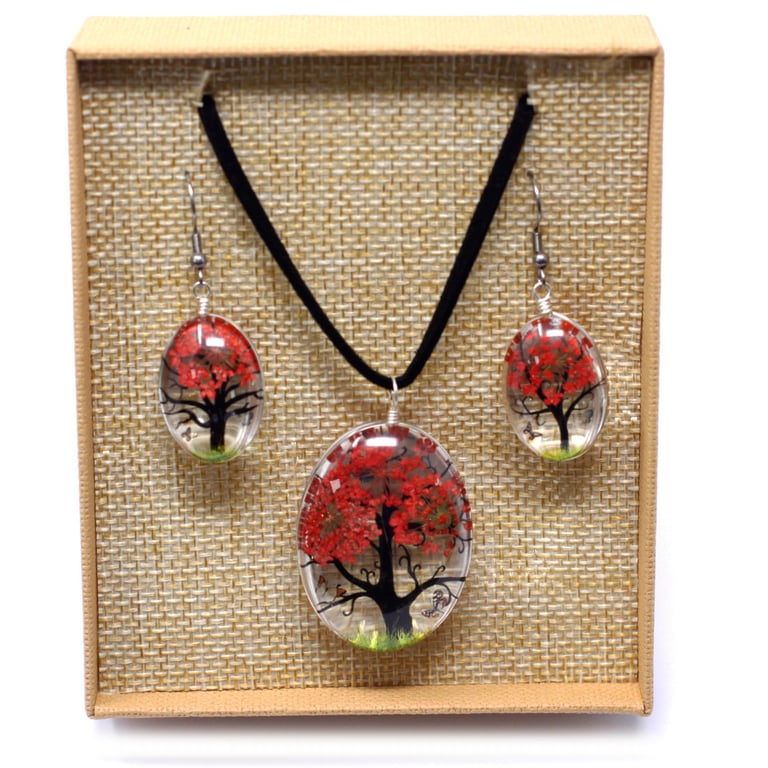 Coral Pressed Flowers Tree of Life Set - Nature-Inspired Home Decor Wall Art