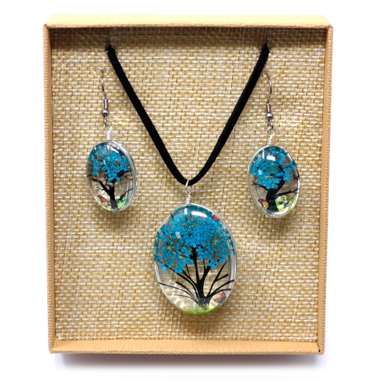 Pressed Flowers - Tree of Life Nature Prints Wall Art Home Decor Teal Color