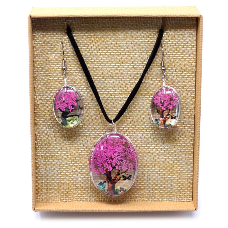 Pressed Flowers Tree of Life Bright Pink Wall Art Home Decor
