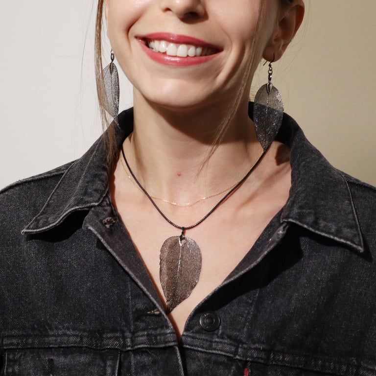 Pewter Bravery Leaf Necklace & Earring Set - Bold Statement Jewelry