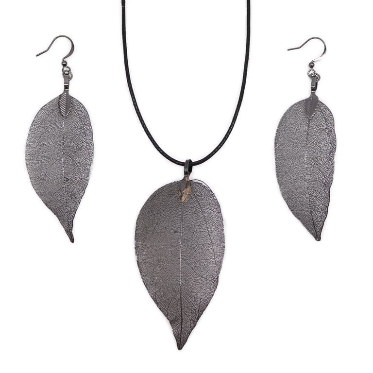 Pewter Bravery Leaf Necklace & Earring Set - Bold Statement Jewelry