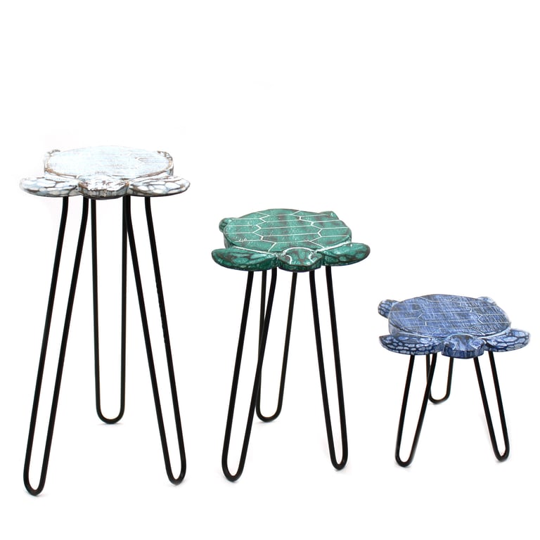 3 Piece Albasia Wood Turtle Plant Stand Set