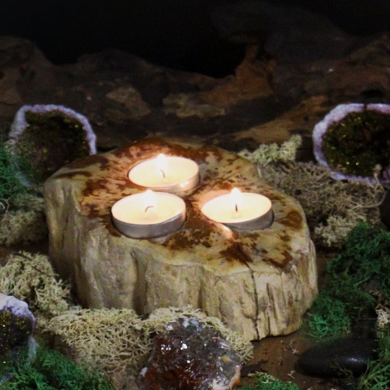 Triple Petrified Wood Candle Holder - Decorative & Unique