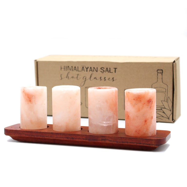 4 Piece Himalayan Salt Shot Glass Set with Wood Stand - Premium Quality