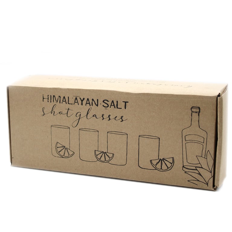 4 Piece Himalayan Salt Shot Glass Set with Wood Stand - Premium Quality