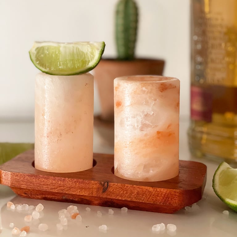 2 Piece Himalayan Salt Shot Glass Set with Wood Stand - Elevate Cocktail Experience