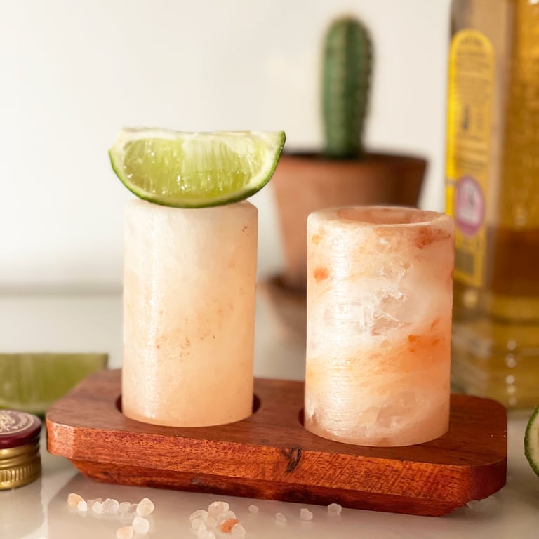 2 Piece Himalayan Salt Shot Glass Set with Wood Stand - Elevate Cocktail Experience