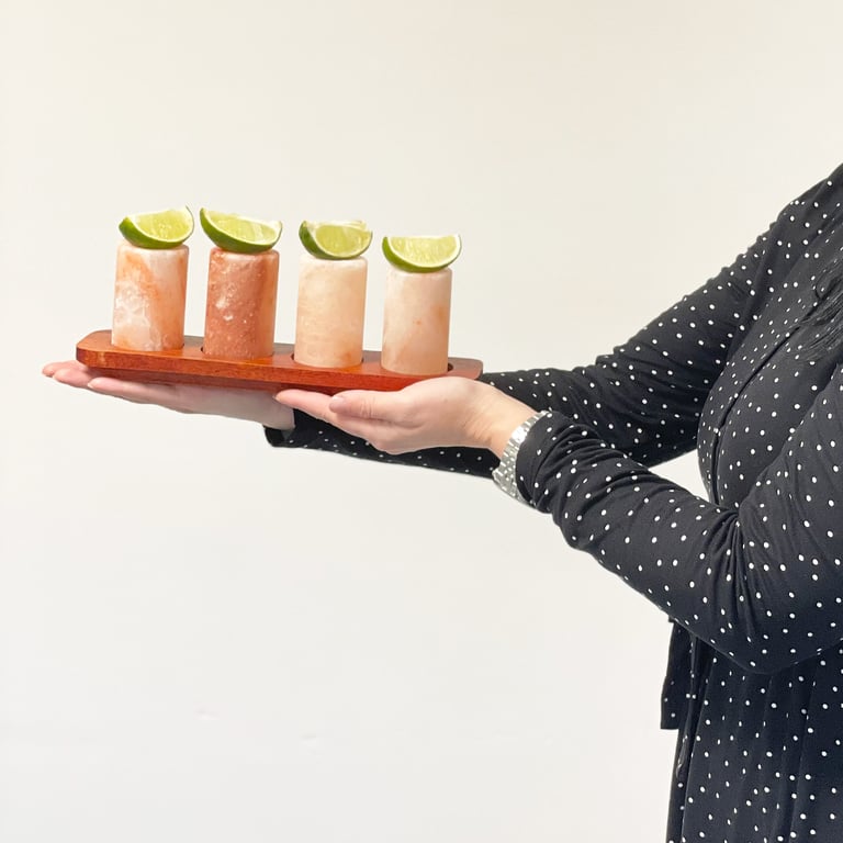 2 Piece Himalayan Salt Shot Glass Set with Wood Stand - Elevate Cocktail Experience