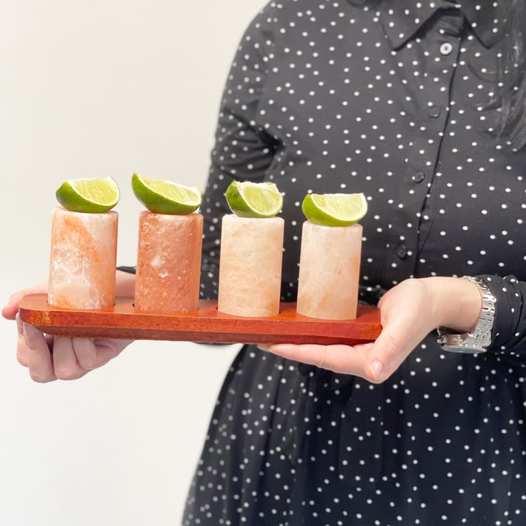 2 Piece Himalayan Salt Shot Glass Set with Wood Stand - Elevate Cocktail Experience
