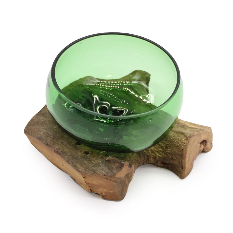 Eco-friendly Recycled Glass Bowls (Wide) on Wood - Sustainable Home Decor